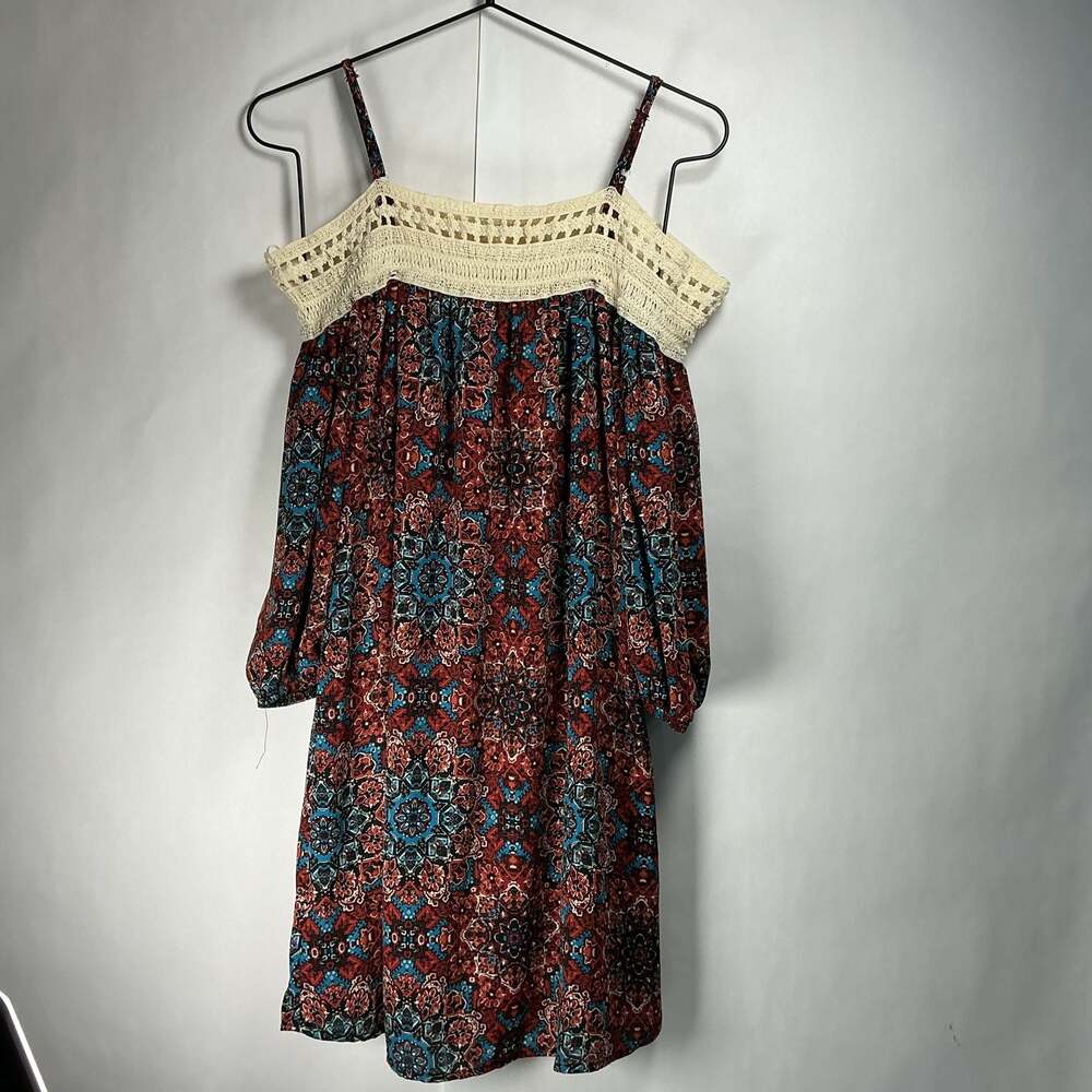 Trixxi Women's Bohemian Printed Off-Shoulder Dress with Crochet Detail